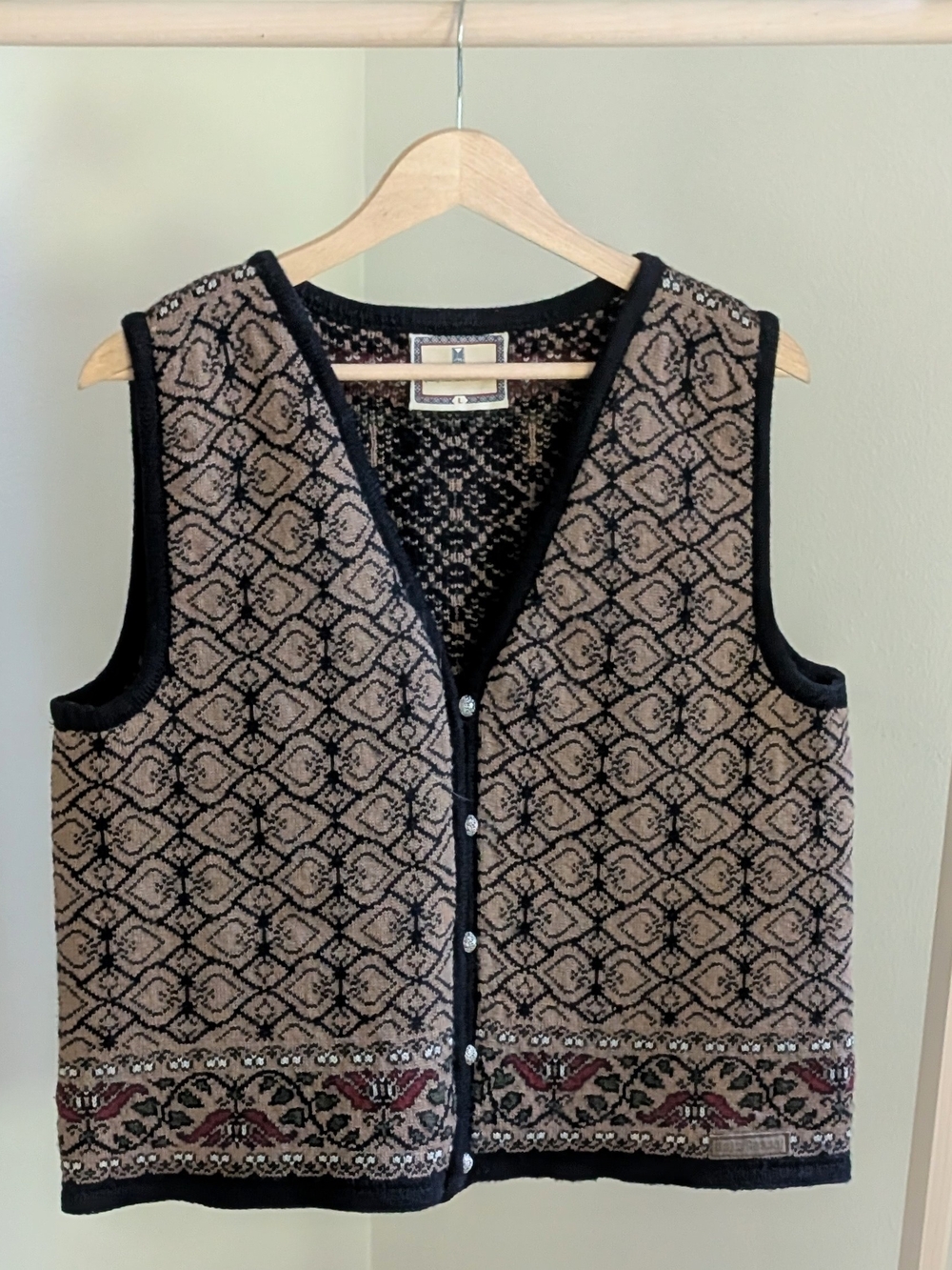 Dale of Norway Floral Abstract Geometric  Button-Front Wool Vest Sweater